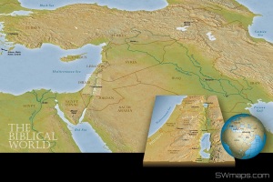 Map of locations in the bible. Middle East, Israel, Samaria, Philistia, Meditteranean Sea,