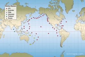 Map showing the location of Tsunami early warning sensors in the world's oceans in the aftermath of the 2011 Tōhoku earthquake and tsunami.