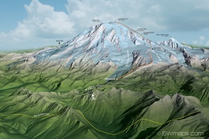 Mount Rainier Washington, Paradise, Disappointment Cleaver climbing route, Camp Muir, Columbia Crest, Liberty Cap, Ingraham Glacier, Muir Snowfield, Wonderland Trail.